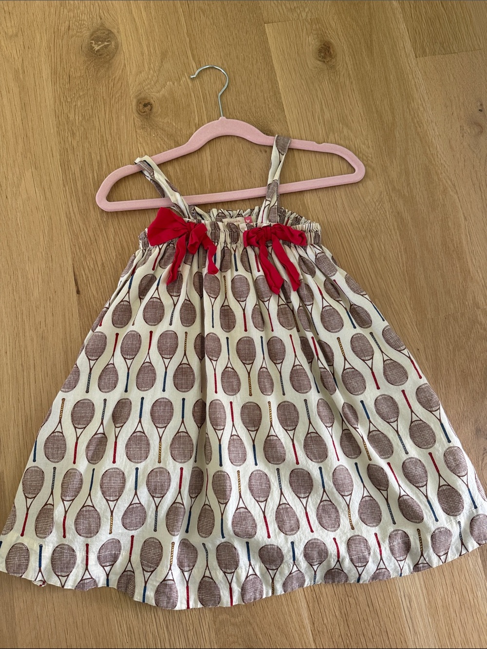 Pink Chicken White Dress with Red Bows and Multicolor Tennis Racket Print - Picture 4 of 5